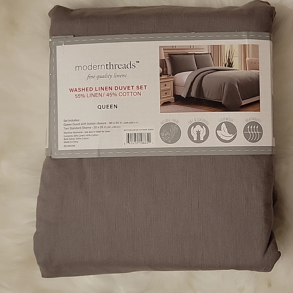 Modern Threads Platinum Natural Fiber washed linen duvet set Queen NEW 90x90
